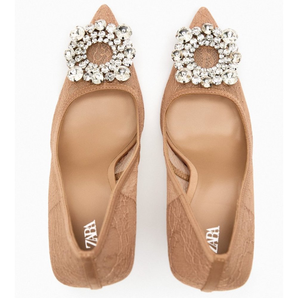 Zara Beige Lace Embellished High Heeled Shoes Sz 10 NWT - Picture 6 of 14